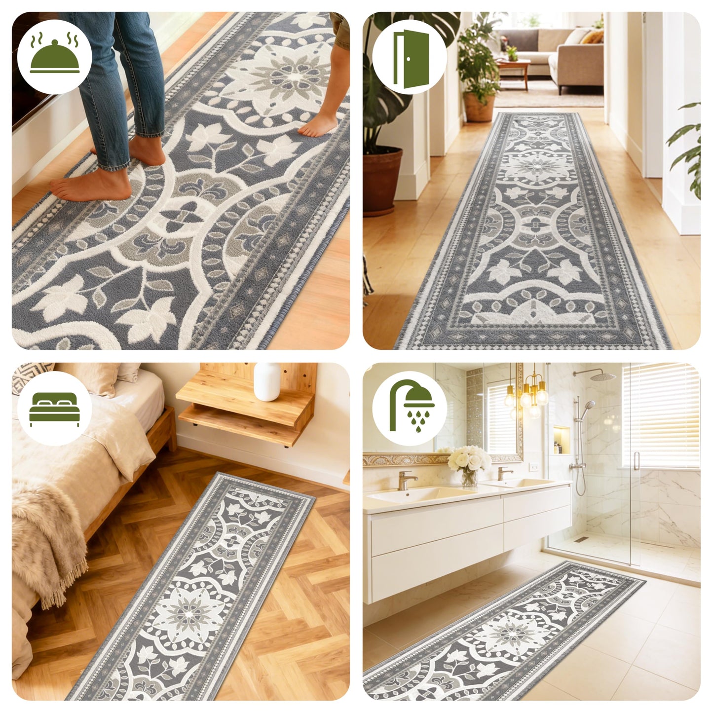XSYarn Washable 2x6 Runner Rug, Soft Boho Kitchen Hallway Runner Rug TPR Non-Slip Low Pile Farmhouse Floor Mat for Bathroom Laundry Bedroom Grey