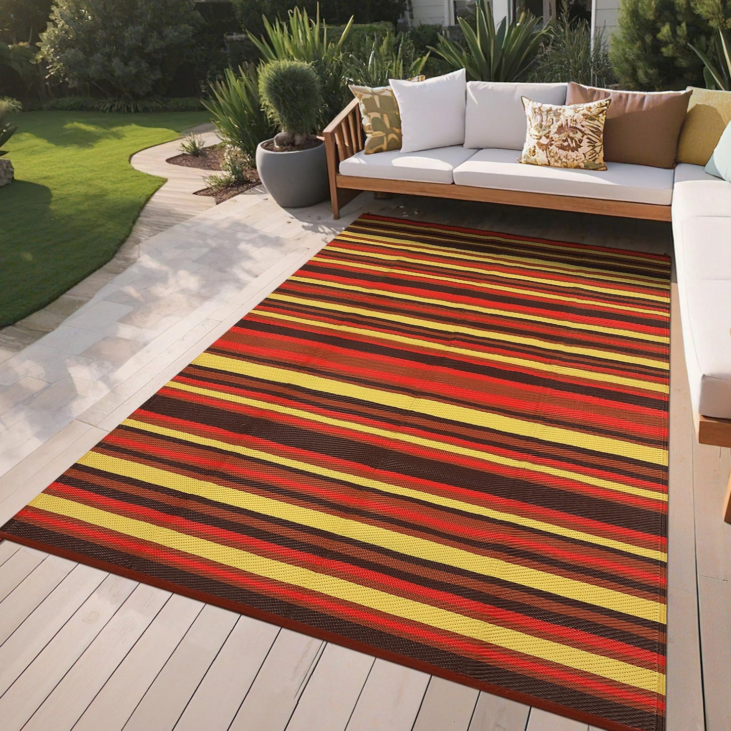 GAOMON 9x18 Outdoor Rug Waterproof for Patio Plastic Straw Large Rug Geometric Stripe Indoor Outdoor Area Rug Modern Lines Camping Rugs for RV Porch Deck B Trailer Beach, Purple/Red/Orange/Yellow