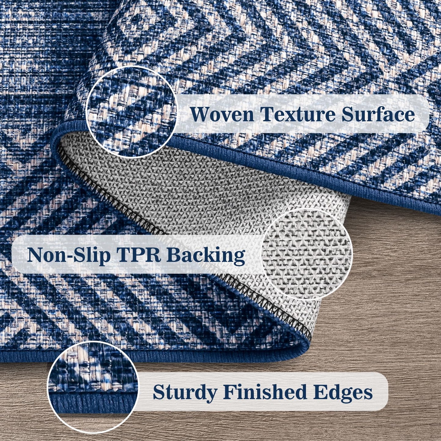Jute Rug 3x5 Outdoor Patio Rug with Border, Washable Rugs for Entryway Porch, Farmhouse Non Slip Area Rugs with Rubber Backing, Non Shedding Carpet for Indoor Outdoor Bedroom, Courtyard, Blue