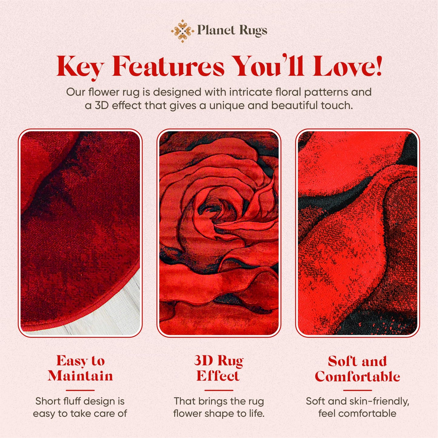 Rose Rug 5ft Round Area Rugs Cute Plush Flower Shaped Rug Circle Girly for Bedroom Floor Living Room Carpet 304 Red