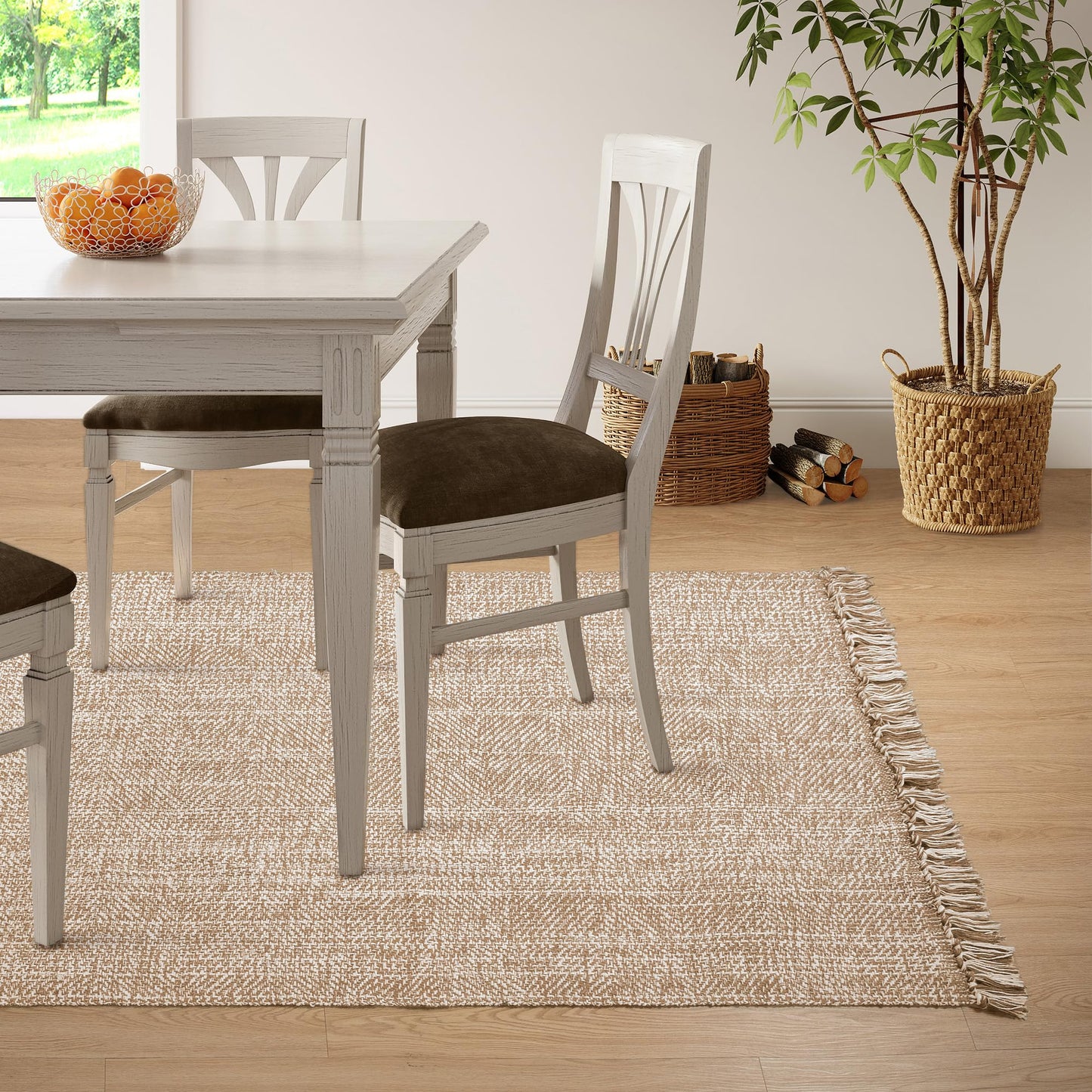 Collive Comfy Area Rug 4' x 6', Tan/Cream Woven Cotton Bedroom Rugs, Modern Indoor Accent Rug Floor Carpet with Tassel for Living Room, Nursery Room, Dining Room, Bedside, Office, Patio Decor