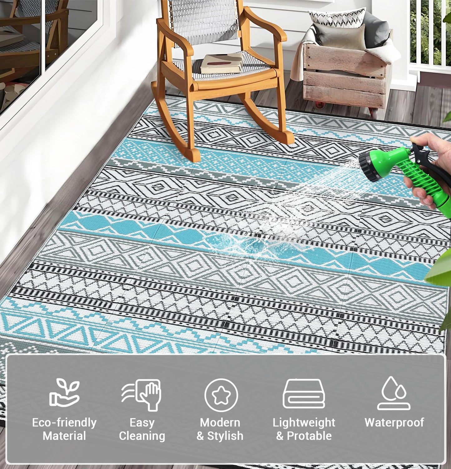 COZYLOOM Outdoor Rug Carpet Waterproof 9x12 ft Reversible Patio Rug Outside Plastic Carpet, Stain & UV Resistant Portable RV Mat Straw Rug for Camping, Backyard, Deck, Picnic, Porch, Blue/Grey