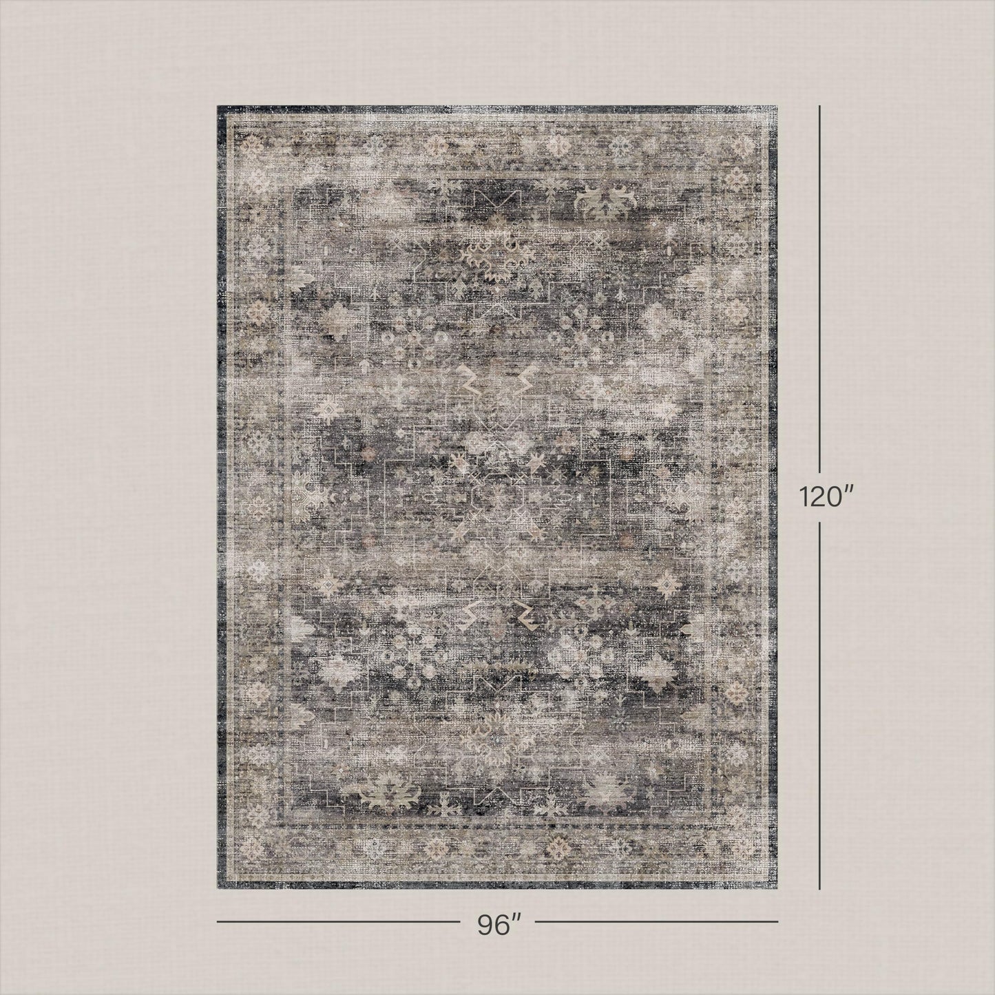 Modern 8x10 Charcoal and Beige Area Rug for Living Room, Washable Farmhouse Boho Rug for Bedroom, Distressed Oriental Geometric Design, Stain Resistant Low Pile Non-Slip Ultra Soft, Moody Décor