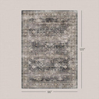 Modern 8x10 Charcoal and Beige Area Rug for Living Room, Washable Farmhouse Boho Rug for Bedroom, Distressed Oriental Geometric Design, Stain Resistant Low Pile Non-Slip Ultra Soft, Moody Décor