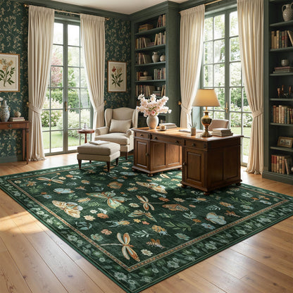 AIMPEAK Insect Washable Rugs 8x10 Dark Green, Soft Butterfly 8x10 Area Rugs for Living Room Indoor, Non Slip Bug Bedroom Rug Under Bed Thin Large Carpet with Flowers for Dining Room Office Playroom