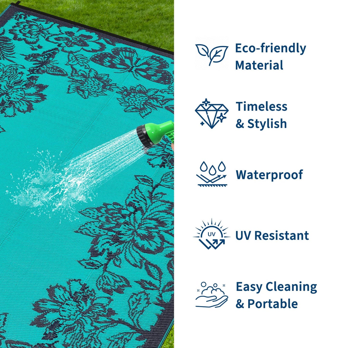 Garvee 5’x8’ Waterproof Patio Outdoor Rug, Outdoor Plastic Straw Rug for Camping, RV Mat Outside, Indoor Outdoor Carpet for Porch, Deck, Backyard, Balcony, Picnic, Dark Blue & Teal