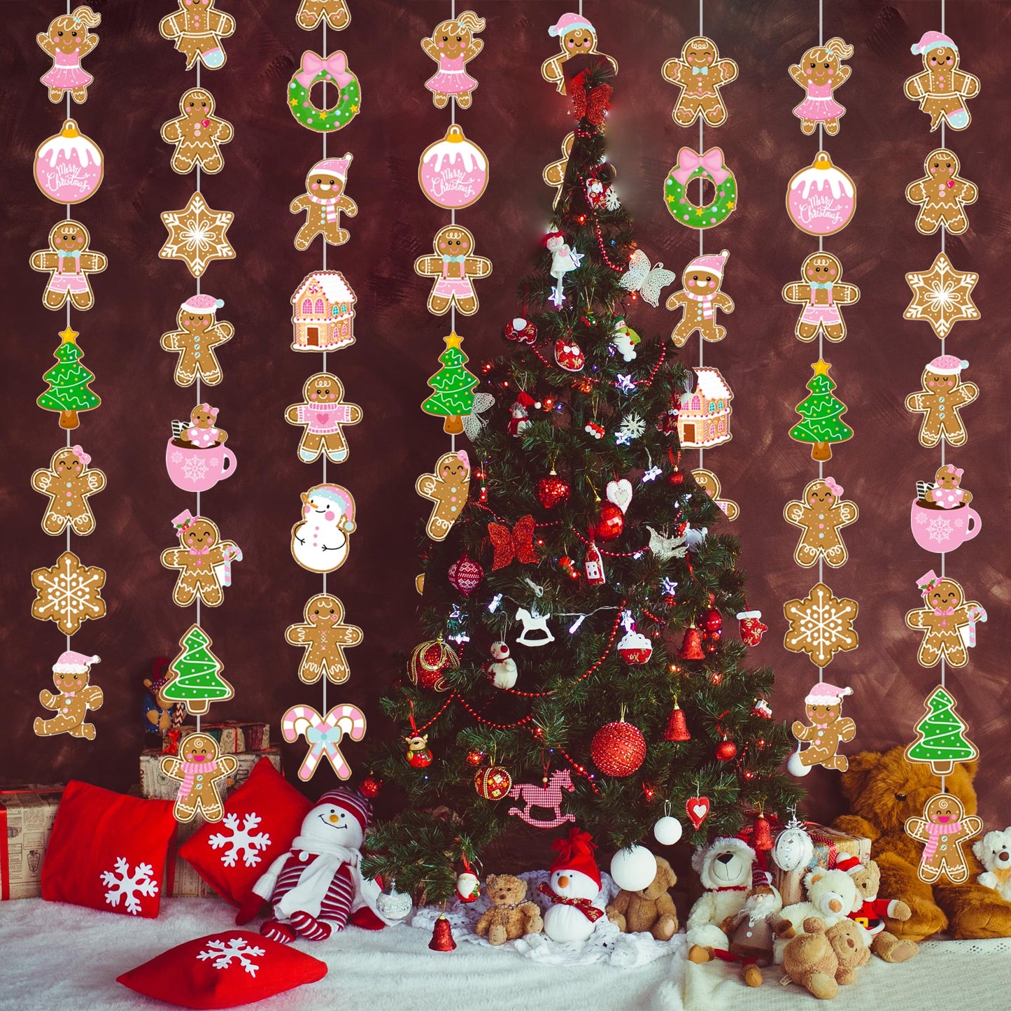 Gingerbread Theme Garlands Pink Christmas Decorations Girls 8Pcs Gingerbread House Xmas Tree Paper Garland Banners Christmas Party Supplies for Winter Holiday Birthday Wall Door Ceiling Decor