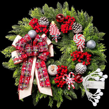 Christmas Wreaths for Front Door, 20 Inch Lighted Artificial Christmas Door Wreath with Candy Lollipops Ball Bow, Holiday Decorations for Home Decor