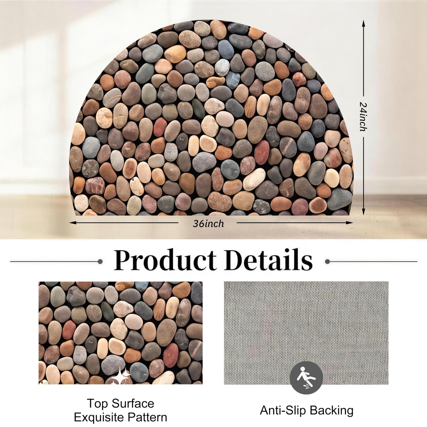 WOYUO Half Circle Door Mat 20"x31.5" Non-Slip Washable Welcome Mat, Low Profile Front Door Mat Semicircular Entrance Doormat, Dirt Trapper Floor Mat (Smooth Pebble Pattern, 24"x 36" Large Half Round)