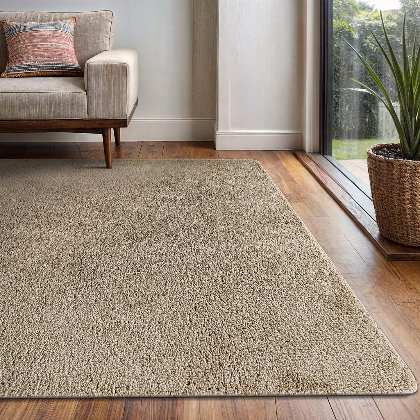 Area Rug 3x5 Beige Washable Indoor Rug Ultra Plus 0.75 in Thick Pile Solid Non Slip Easy to Clean Non Shedding Indoor for Living Room Bedroom Kitchen Dining Room or Hallway (3 X 5 Beige)