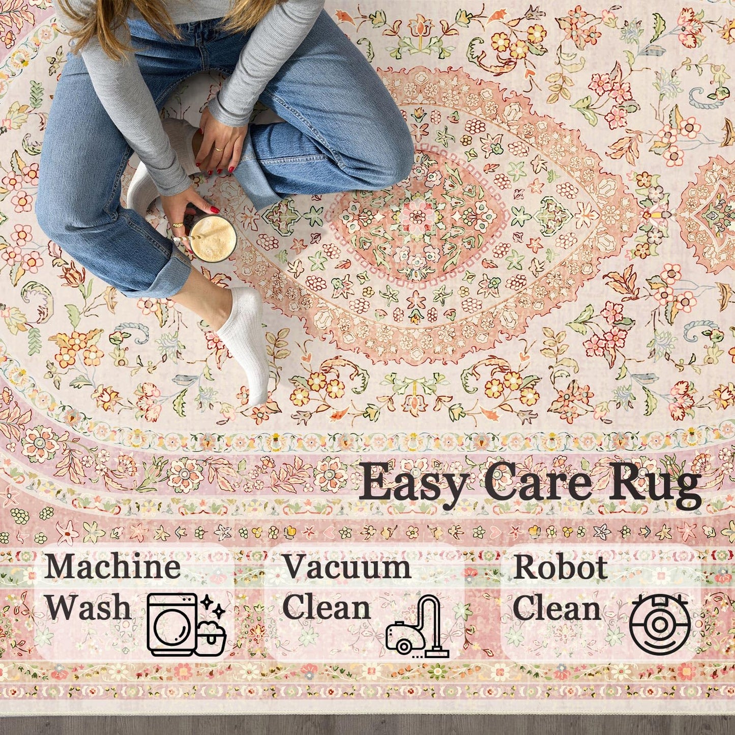 Castage 5x7 Area Rugs Washable,Pink Rug for Living Room Bedroom Kitchen,Large Boho Vintage Bohemian Distressed Farmhouse Carpet Non Slip,Blush Floral