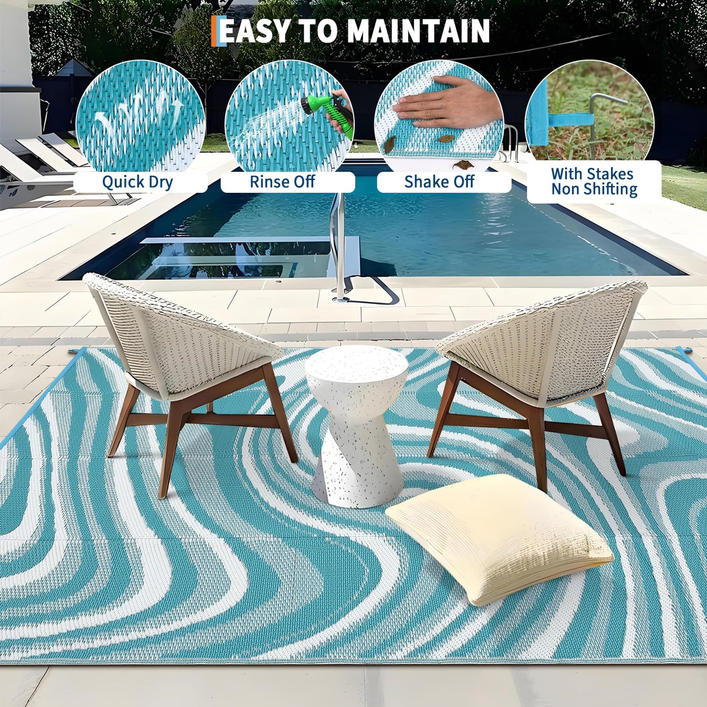 Garvee Large Modern Outdoor Rug 9x12 Patio Rugs Outdoor Waterproof Reversible Plastic Straw Camping Rug, Abstract Outside Rugs for Picnic Backyard Deck Balcony Porch Beach Trailer, Light Blue