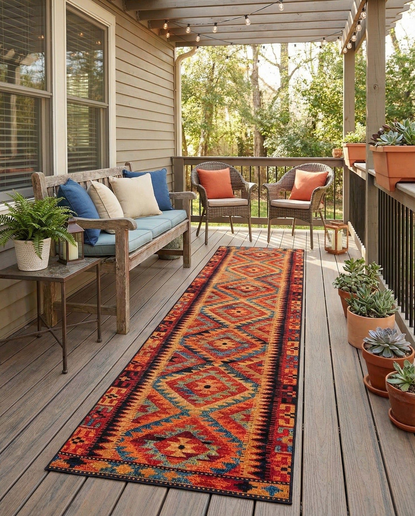 Rugs.com - Outdoor Tribal Rug – 10 Ft Runner Multi Indoor/Outdoor Rug – Washable, Stain-Resistant Runner for Patios, Decks, and Hallways