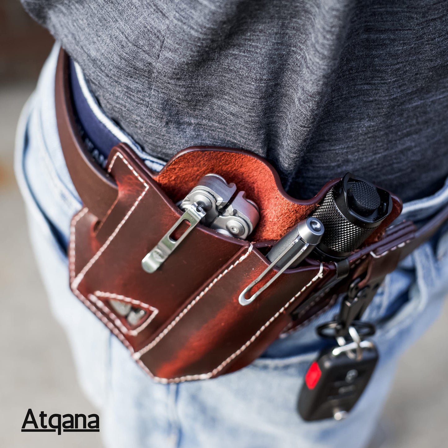 Multitool Sheath for Belt (Premium Leather) - EDC Pocket Organizer | Leatherman Holster | Handmade Leather Multitool Pouch and Pen Holder, Flashlight Sheath, Key Fob Clip by ATQANA® (Extra Dark Brown)