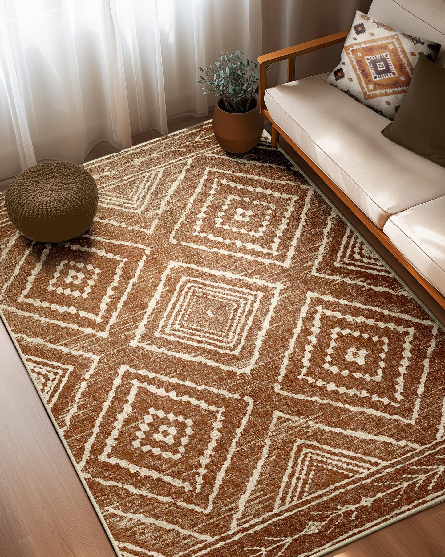 BESTSWEETIE Area Rug 4x6 Rug Machine Washable Non-Slip Low Pile Print Pattern Western Rug for Living Room Bedroom Entryway Tribal Series -Yellowbrown/Cream