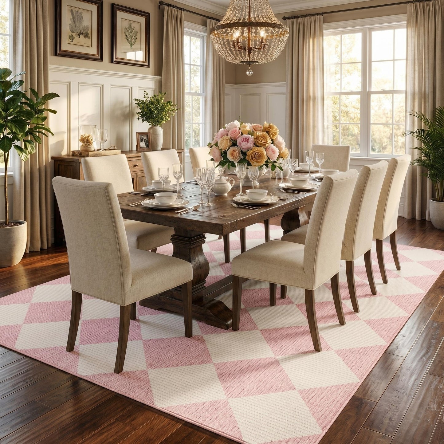 GarveeHome 6x9 Modern Checkered Area Rug, Pink Geometric Farmhouse Washable Rugs for Living Room Bedroom, Soft Low Pile Non Slip Diamond Floor Mat Plaid Print Throw Rug Indoor Carpet