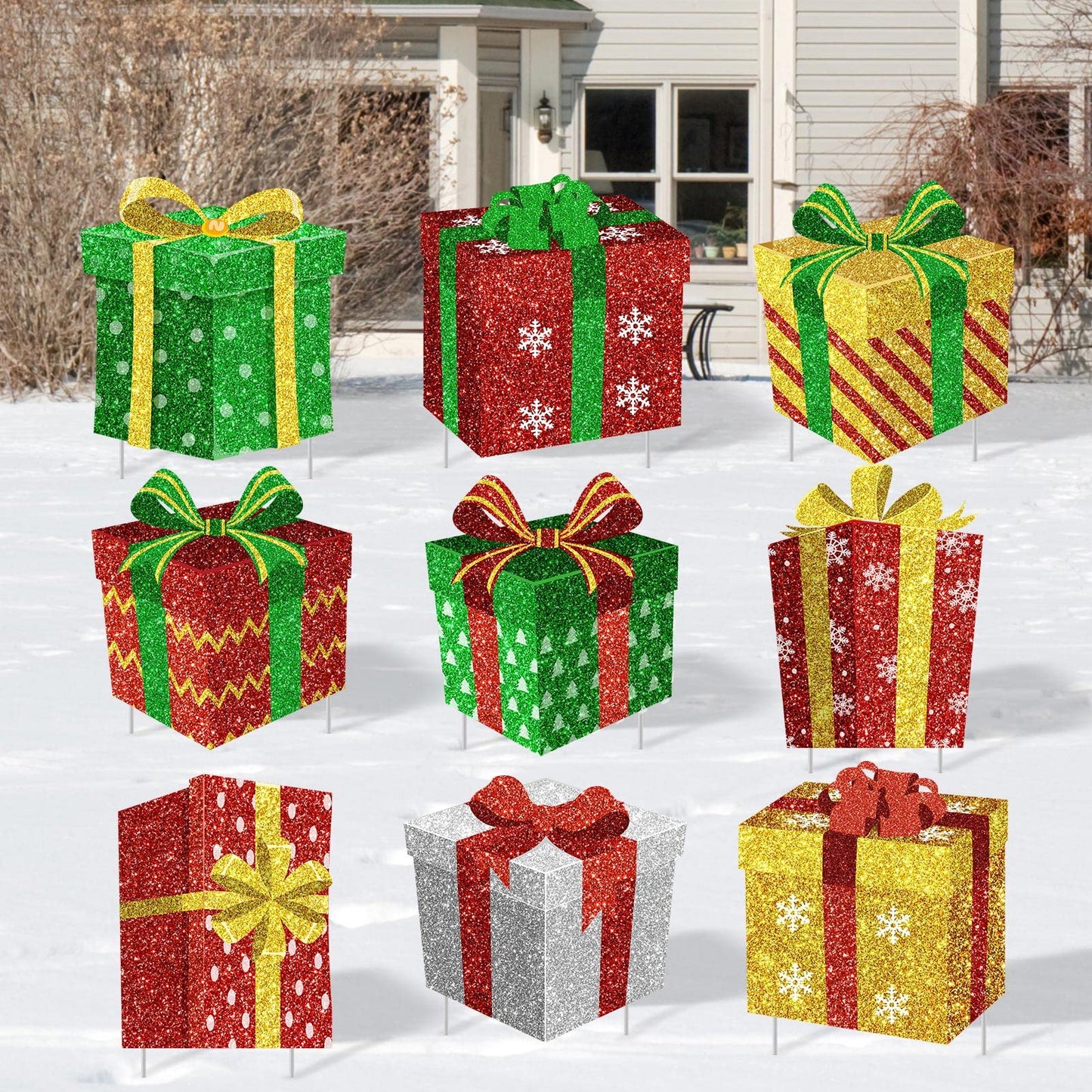 Tiamon 9 Pcs Christmas Decoration Outdoor Present Yard Sign with Stakes Xmas Lawn Gift Box Decor for Home Outdoor Pathway Walkway Patio Garden Party Supplies