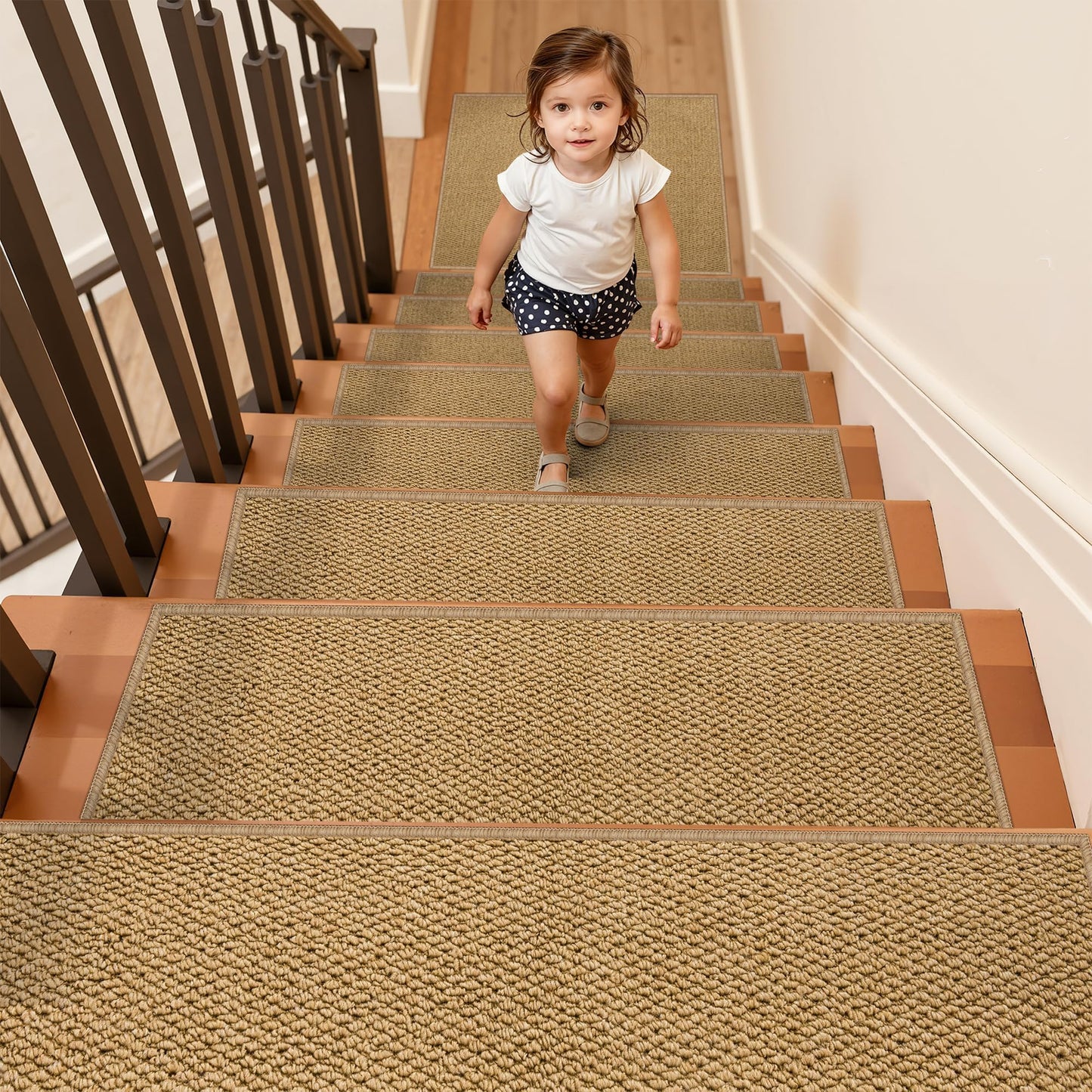 ComiComi 4PCS Non-Slip Stair Treads - 8"x30" Edging Stair Treads for Wooden Steps Washable Peel and Stick Indoor Stairs Tread Rug Stain Resistant Staircase Mat for Kids and Pets (4pc, Brown)