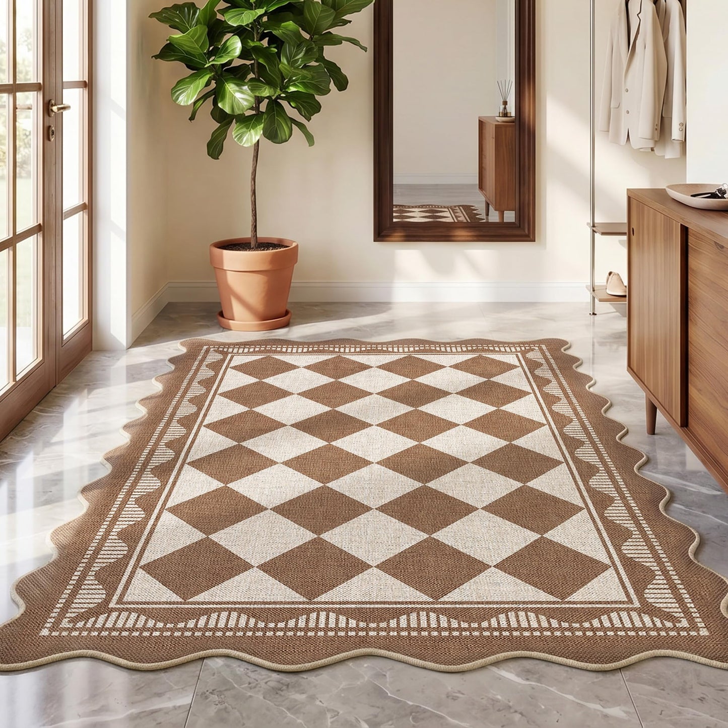 Garvee Easy Jute 8x10 Area Rug Scalloped Border Rugs for Living Room Indoor Outdoor Washable Rugs for Bedroom Non Slip Floor Cover Stain Resistant Low Pile Throw Rug for Dining Room Nursery，Brown