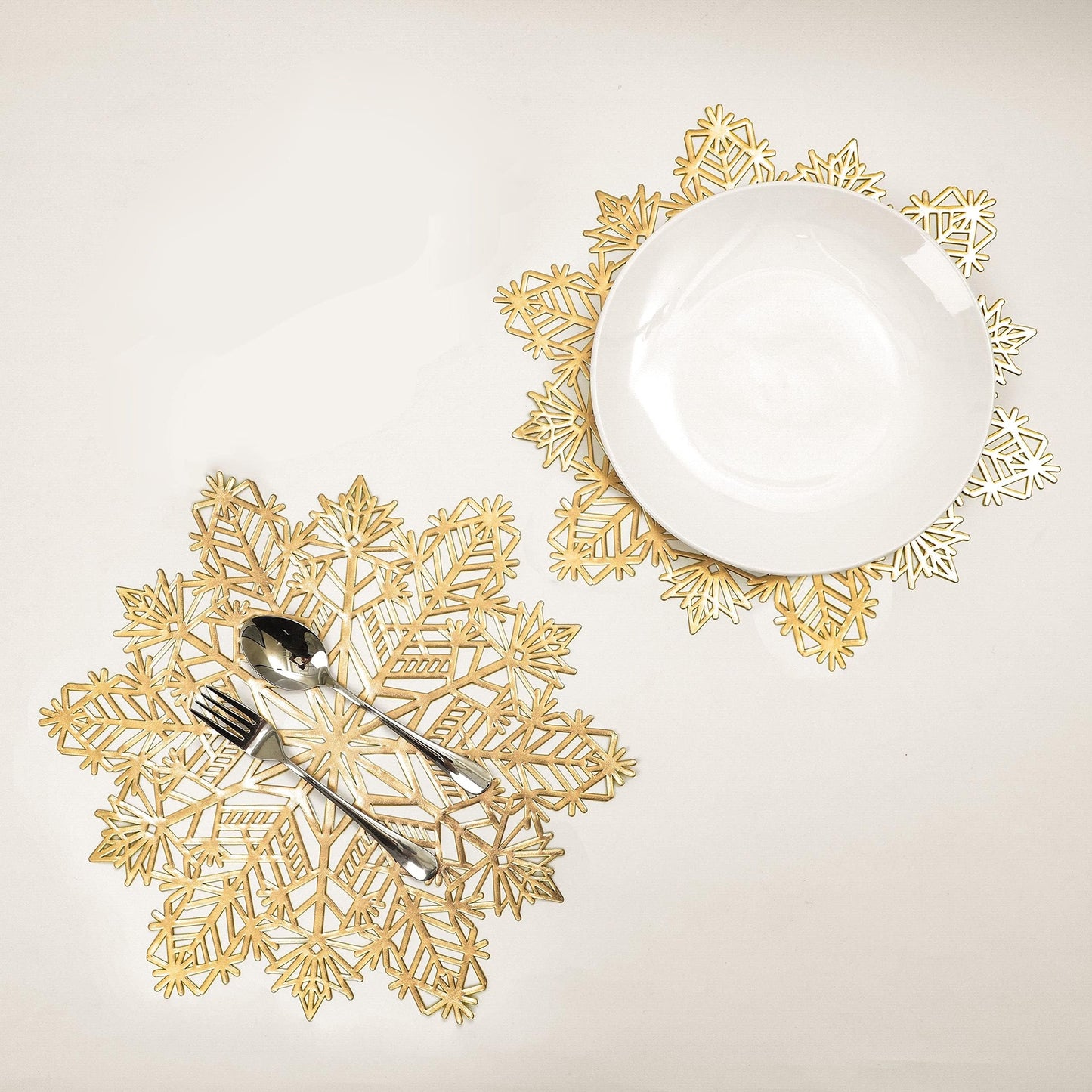 Snowkingdom Christmas Round Snowflake Placemats Sets of 6 Laminated Gold Metallic Vinyl 15 inch Winter Festival Table Decorations for Holiday Party Feast