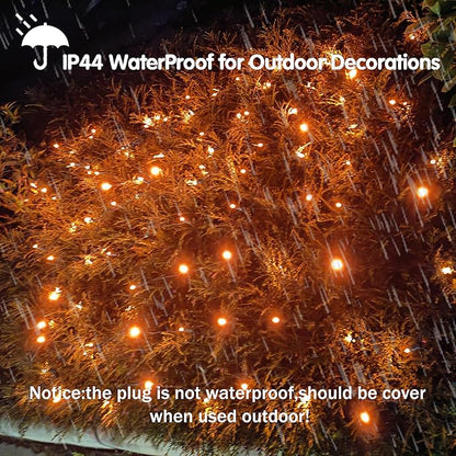 HISHINY Halloween Lights Outdoor,100LED 5ftx5ft Orange Net Lights with Connectable, Waterproof,UL Certified and Durable Green Wire Design for Bushes,Shrubs,Halloween Decorations Outdoor
