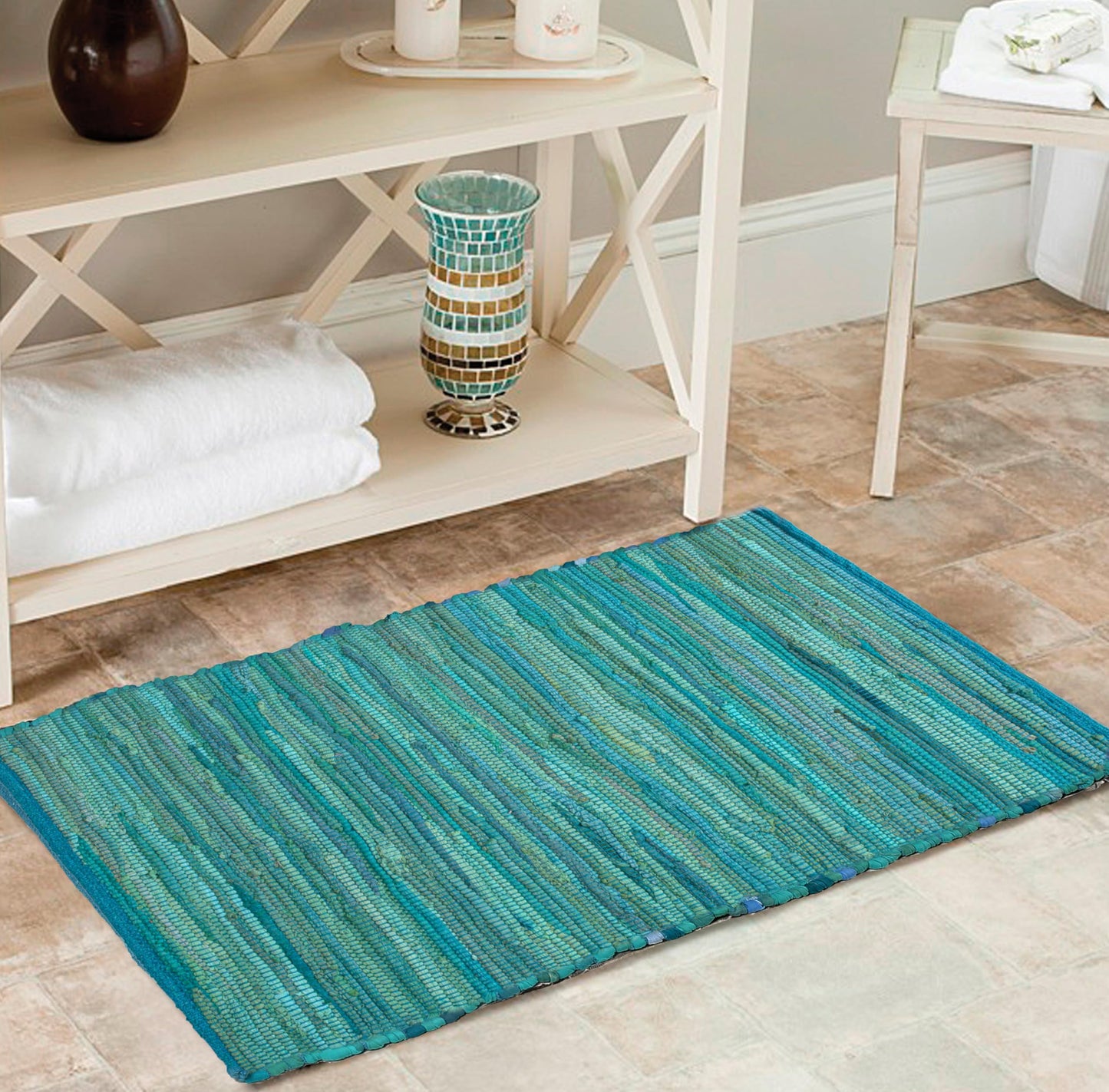 Cotton Hand Woven Chindi Rug 2x3 Feet - Teal, Reversible Accent Front Door Mat Ideal for Kitchen, Entryway, Laundry Room | Green Durable Farmhouse Indoor Outdoor Floor Rag Rugs Ideal for Kids Space