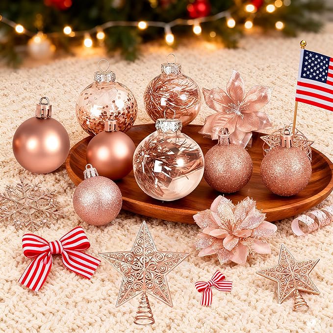 76Pcs Christmas Tree Decorations Set, Rose Gold Assorted Ornaments with Large Shatterproof Plastic Balls, Star Tree Topper, Glitter Berries Stems, Ribbon for Indoor Garland Home Holiday Wedding Decor