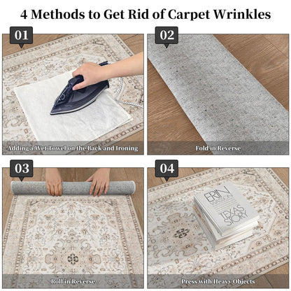 HILORUUG Washable Area Rug 9x12 - Bedroom Living Room Large Indoor Oriental Rugs - 0.13inch Low Pile Stain Resistant Rugs with Rubber Backing for at Least 108 sq ft Spaces (9x12 Ivory/Multi)