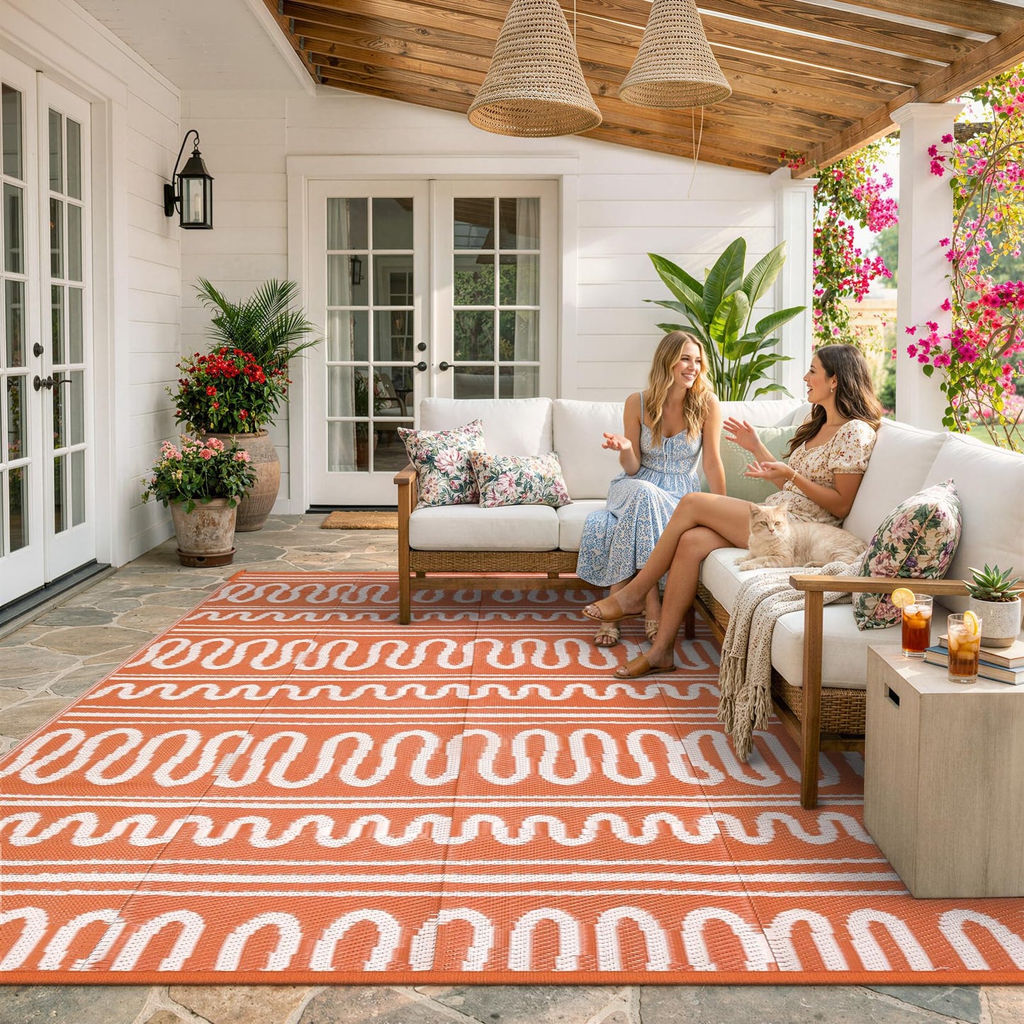 Beeiva Boho Outdoor Rug 8x10 Waterproof for Patio, Reversible Plastic Straw Rug for RV Camping, Deck, Balcony, Backyard, Orange