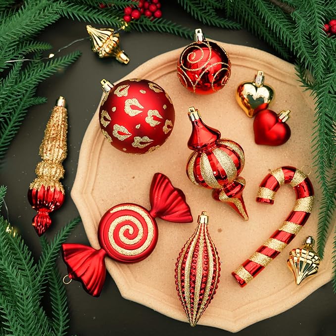 SHareconn 145pcs Christmas Balls Ornaments Set, Shatterproof Plastic Baubles Snowflakes, Stars and Tree Topper for Xmas Tree Holiday Wedding Party Decorations with Hanging Strings, Gold and Red