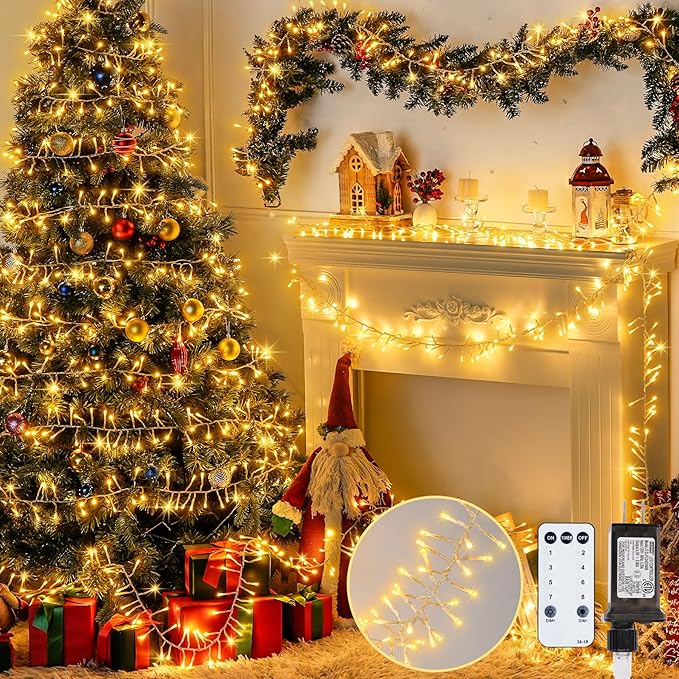 JMEXSUSS Warm White 1000 LED Christmas Cluster Lights Plug in, 50ft Christmas String Lights Outdoor Waterproof with Remote, 8 Modes Christmas Tree Lights for Christmas Tree Wreath