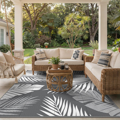 GENIMO Outdoor Rug 8' x 10' Waterproof for Patios Clearance, Reversible Plastic Straw Camping Rug Carpet, Large Area Rugs Mats for RV, Picnic, Backyard, Deck, Balcony, Porch, Beach, Grey&White