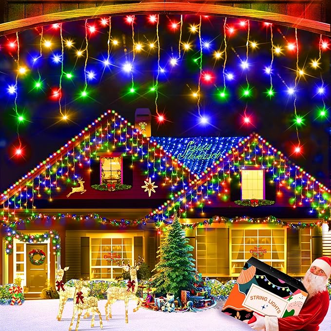 XURISEN 132ft Christmas Lights Decorations Outdoor, 1280 LED 8 Modes Fairy Lights with 240 Drops,Plug in Waterproof Timer Memory Function for Christmas Holiday Wedding Party Decorations(Multicolor)