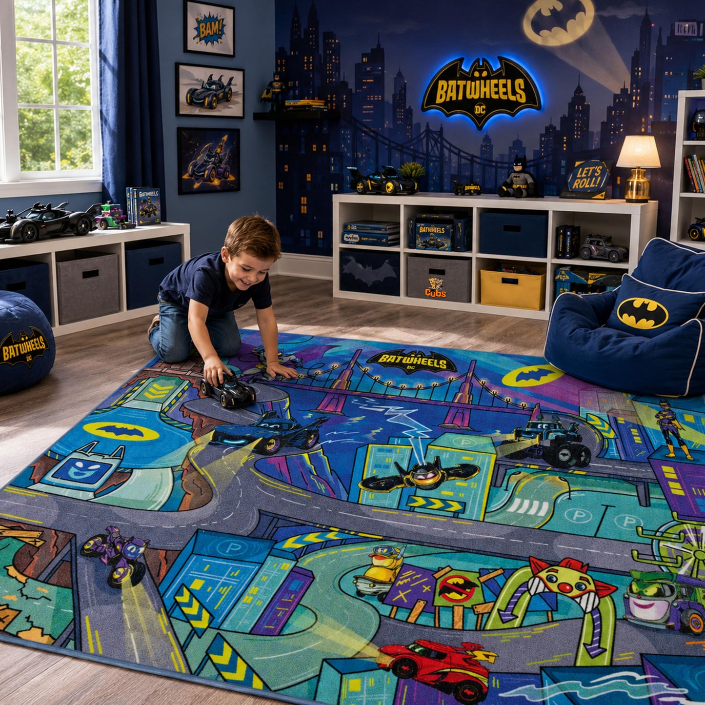 DC Batwheels Gotham City Racer Adventure Road Play Rug 5x7| Kids Interactive Toy Car Play Mat Carpet for Toddler Classroom, Playroom & Baby Nursery