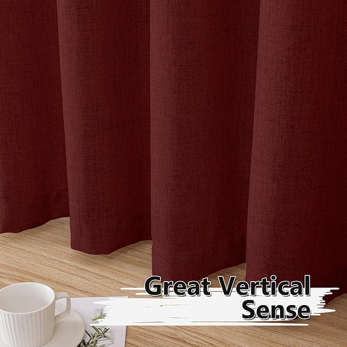 Tollpiz Linen Tier Curtain Rod Pocket Semi Sheer Half Kitchen Curtains Burlap Light Filtering Thick Linen Drape for Bathroom, 30 x 36 inches Long, Burgundy Red, Set of 2 Panels