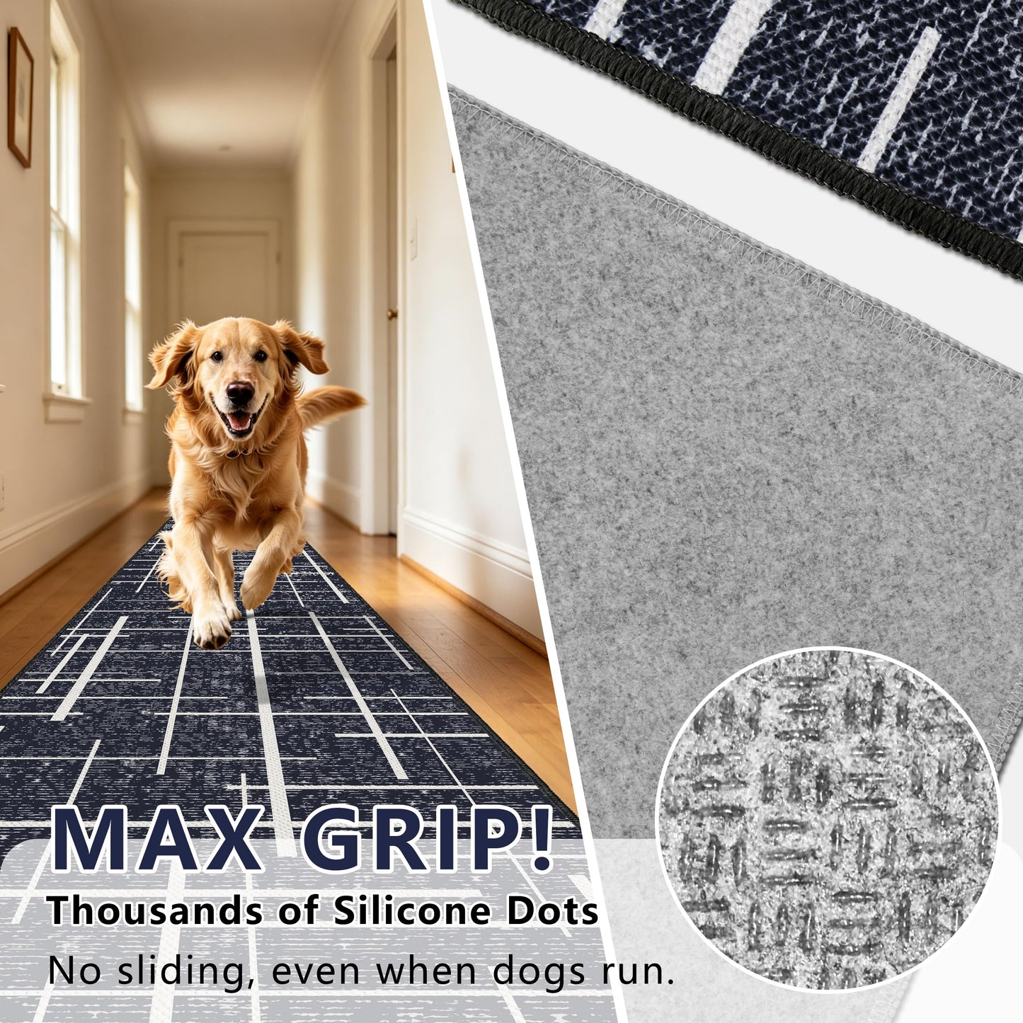 TTelephant Non Slip Hallway Runner Rug 2.6x12, Modern Distressed Stripe, Washable Extra Long Rug, Woven Thin Low Pile Carpet Runners for Hallway 12ft Entryway, Kitchen, Walkway- Midnight Black