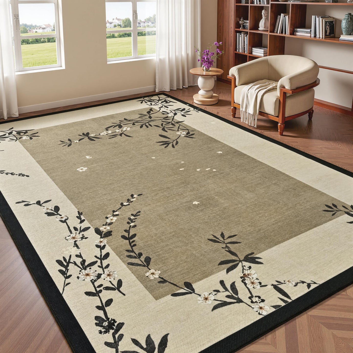 FALARK Easy Jute 4x6 Outdoor Patio Rug, Washable Rugs for Entryway Indoor Living Room Carpet, Oriental Brown Cherry Blossom Branch Neutral Non Slip Thin Door Carpet for Backyard Bedroom Kitchen