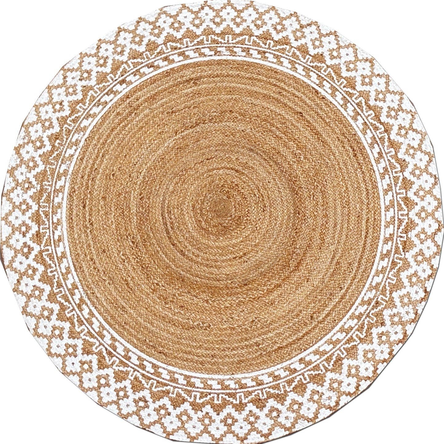 4 Ft Round Jute Rug – Handwoven Natural Fiber Area Rug with White Border, Boho Braided Rug for Living Room, Dining Table, Entryway & Bedroom, Durable & Eco-Friendly Carpet
