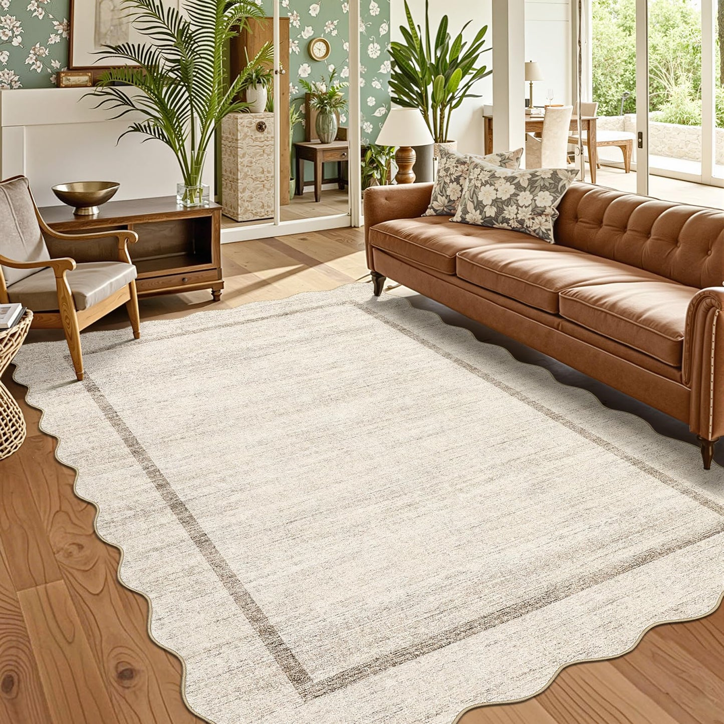 GarveeHome Scalloped Large Living Room Area Rug 8x10 - Machine Washable Modern Rugs Bordered Neutral Rug Non-Shedding Low Pile Farmhouse Carpet for Bedroom Nursery Classroom Dorm 8 ft x10 ft Beige
