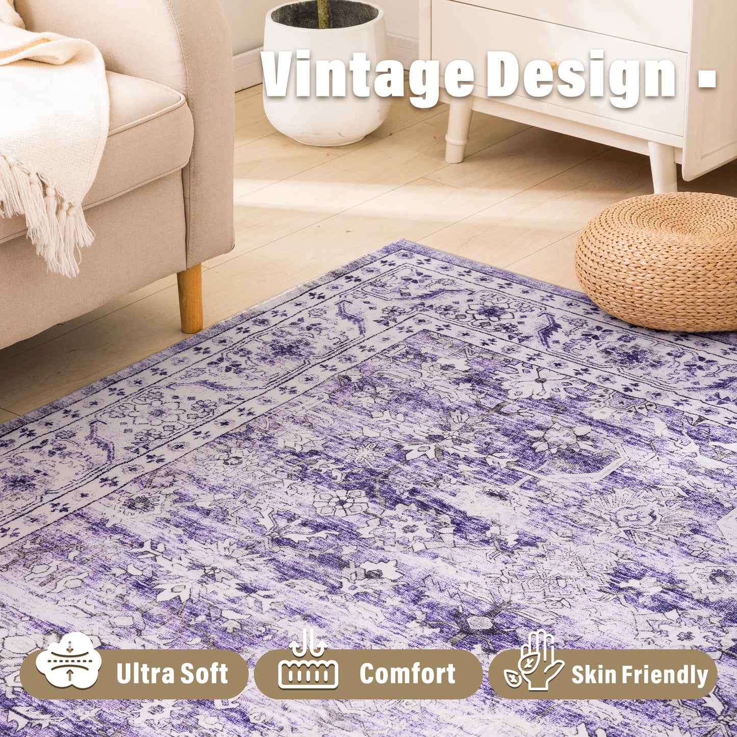 Carvapet 6x9 Area Rug - Large Dark Blue Vintage Floral Rectangular Carpet Low Pile, Non Slip Rubber Backing Machine Washable Mat for Living Room Bedroom