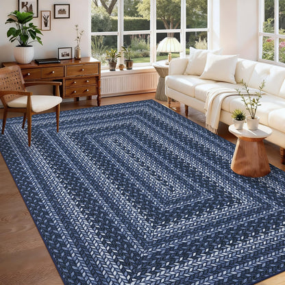 Braided 5x7 Rugs for Living Room Washable Easy Jute Outdoor Patio Rug Non Slip Stain Resistant Modern Bordered Bedroom Throw Carpet Indoor Outdoor Low Pile Area Rugs for Porch Kitchen, Slate/Blue