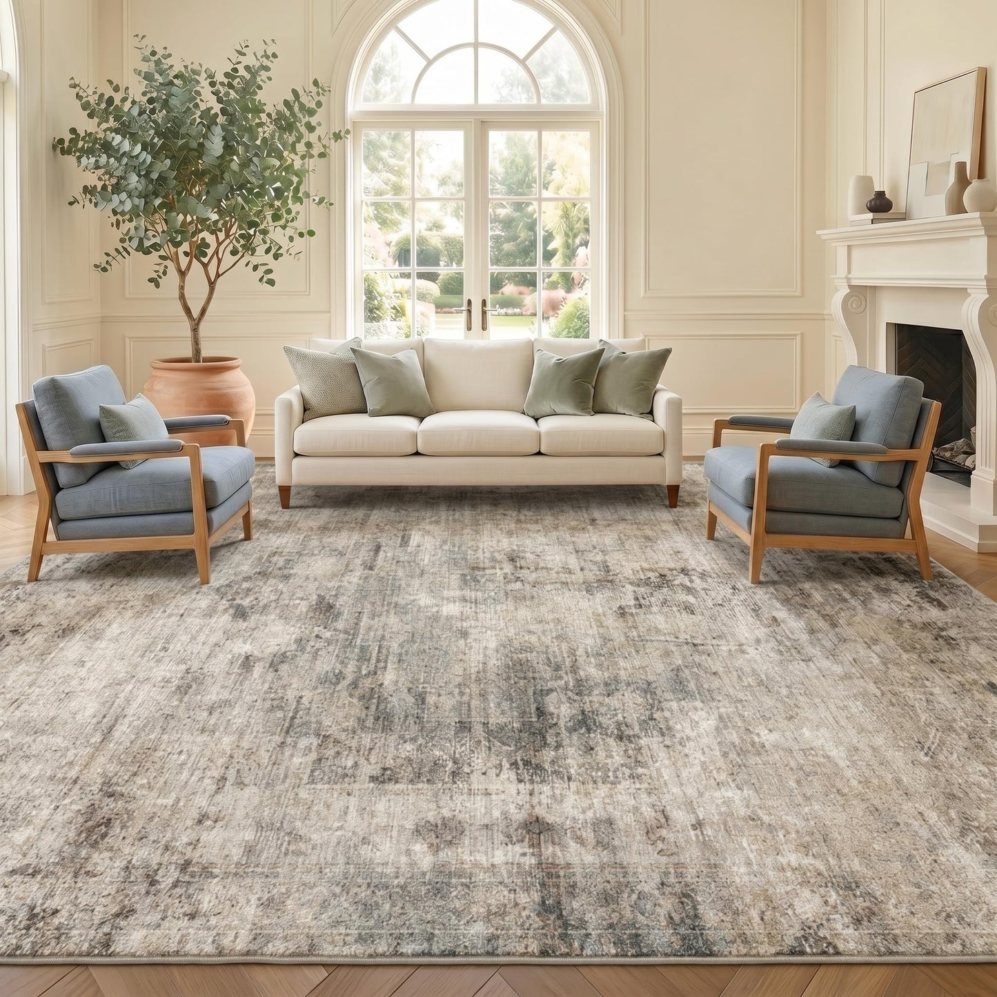 Farmhouse 8x10 Washable Area Rugs for Living Room, Neutral Taupe Brown Abstract Rug for Dining Room and Bedroom, Soft Foldable Low Pile Carpet, Stain Resistant Non-Slip Backing
