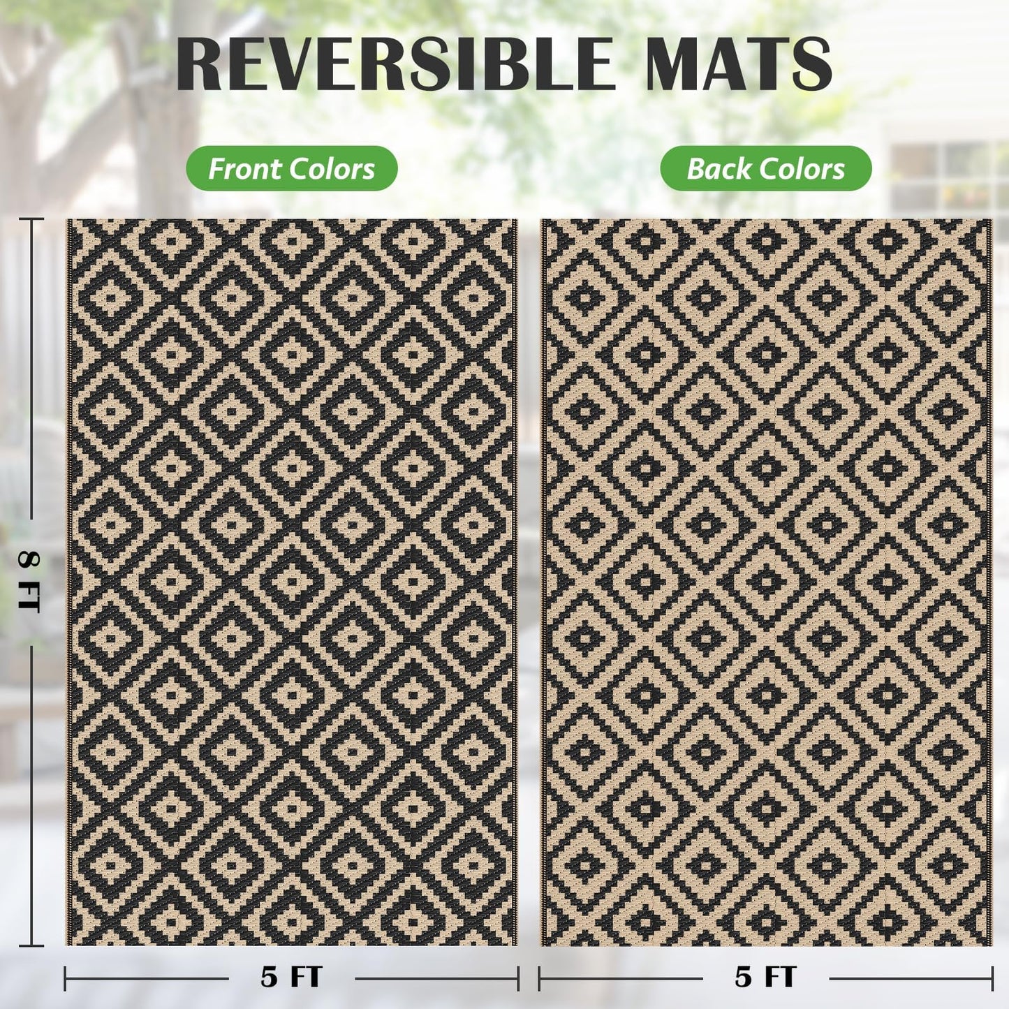 Mattitude Waterproof Outdoor Rug 5x8 Ft Outdoor Plastic Straw Rug Reversible Patio Rug Large Outdoor Carpet Area Rug for Patio Backyard Picnic Beach Camping RV Black & Beige