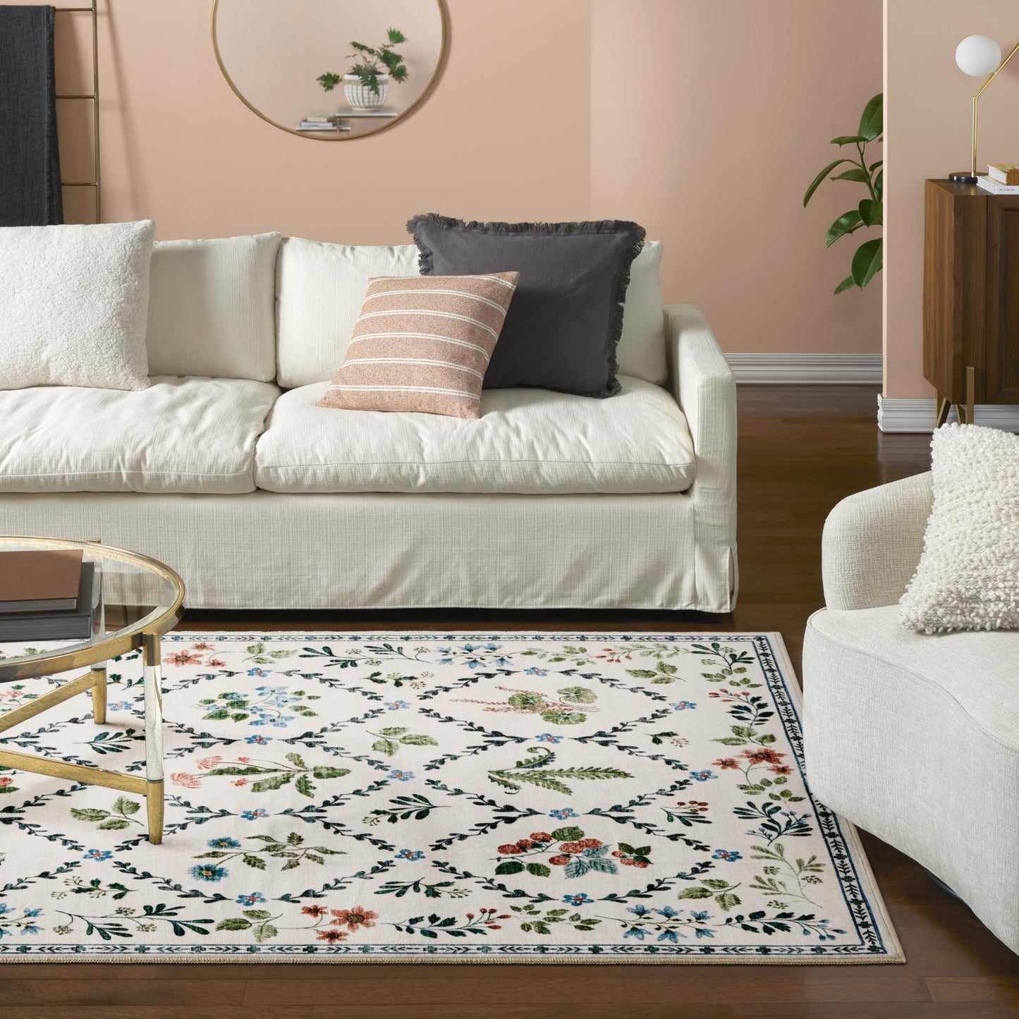 EVERWASH Haven Floral Trellis Machine Washable Area Rug with Airflo Technology for Easy Clean, Ultra-Soft Pile, Built-in Rug Pad with Non-Slip Backing, Pet, Family & Allergy Friendly, Ivory, 6'x9'
