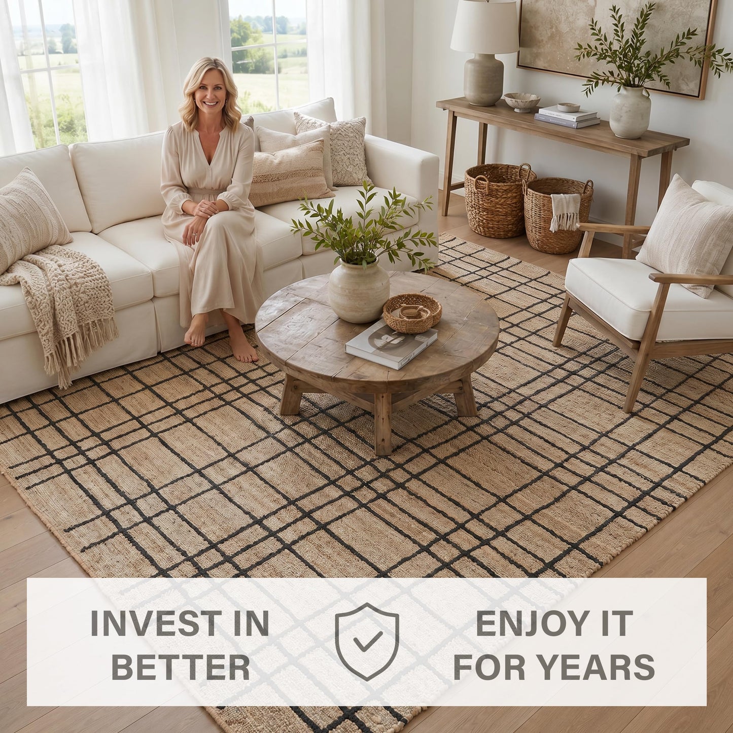 Homespice Nell Jute Plaid Runner Rug 2x6' - Cotton Backed Premium Handmade