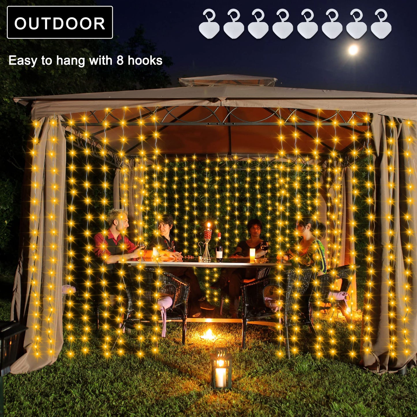echosari Solar Curtain Lights 7.9ft x 6ft 144 LED Outdoor Curtain Lights Waterproof with Timer 8 Modes for Christmas Garden Patio Fence Wedding Wall Window Gazebo Decor - Warm White