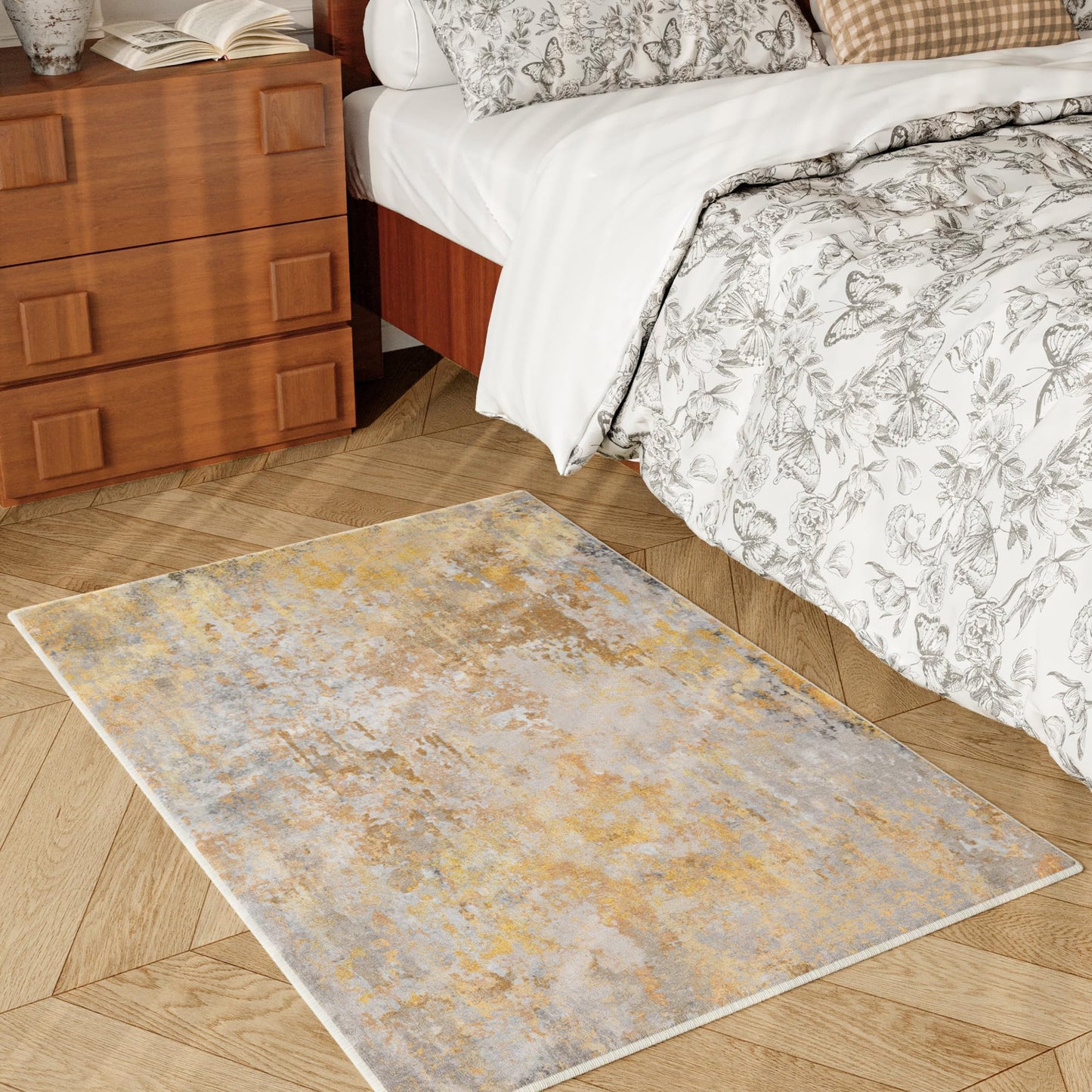 Entryway Rug 2x3 Beige Gold Door Mat Indoor Entrance 24x36, Washable Small Throw Rugs for Kitchen Floor, Entry, Front Door, Bedroom Bedside, Non-Slip Low Pile Stain & Fade Resistant, Abstract