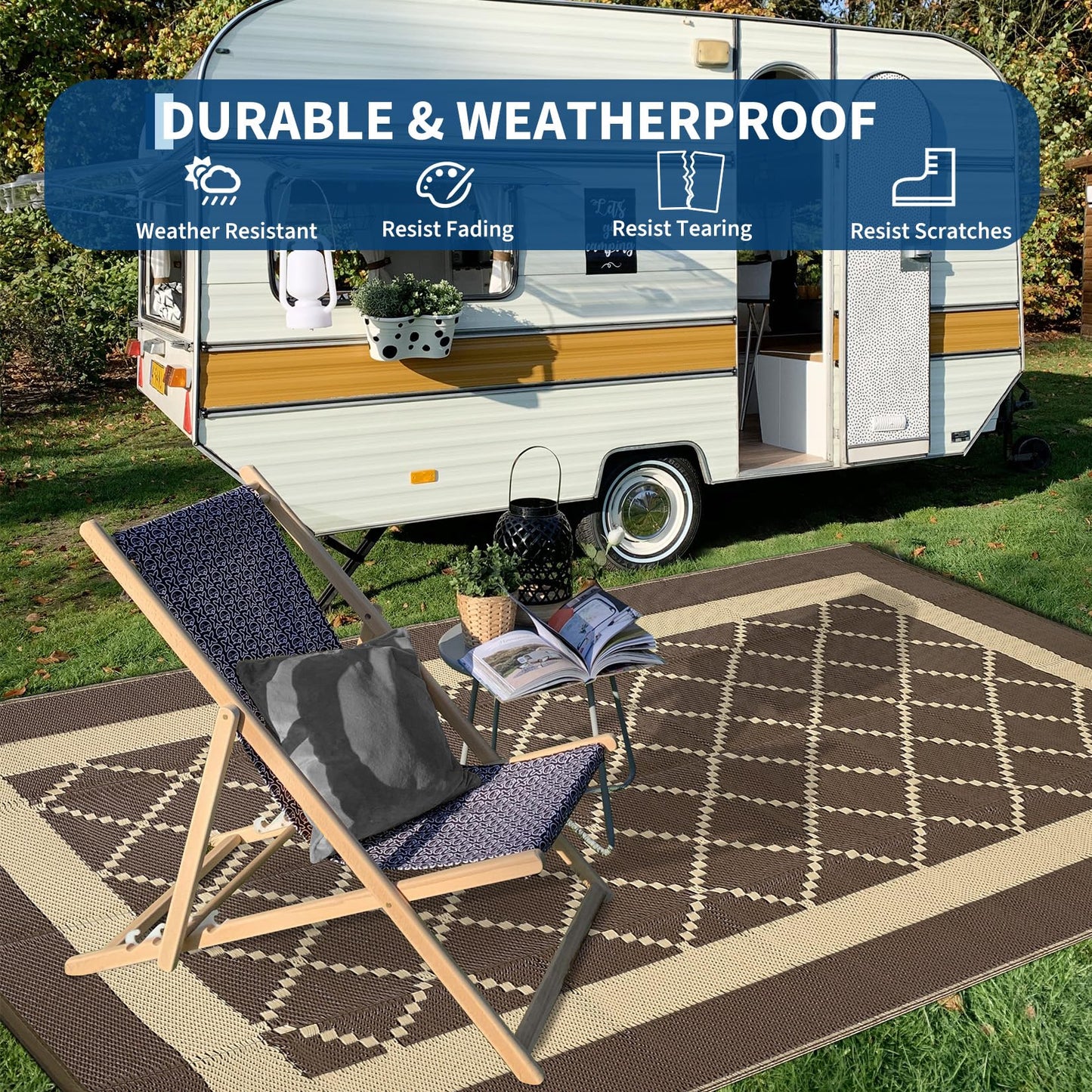 Garvee Patio Rugs Outdoor 9x18 Plastic Straw Rug Modern Reversible Camping Carpet, Waterproof Bordered Outdoor Mat with 4 Stakes and Storage Bag for RV, Picnic, Backyard, Deck, Balcony, Porch, Beach