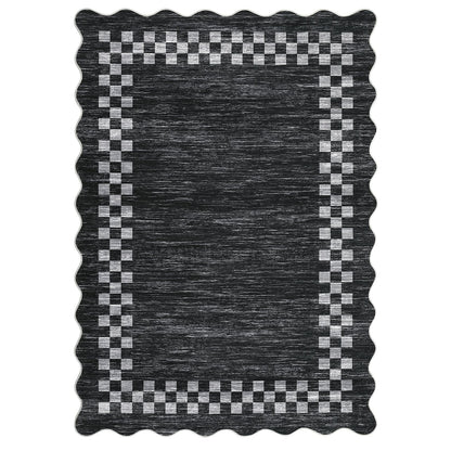 Small Area Rug 2x3 Modern Checkered Entry Rug Solid Color Scalloped Kitchen Rugs Washable Bedroom Doormat Non Slip Stain Resistant Bordered Throw Carpet for Living Room Nursery Laundry, Grey