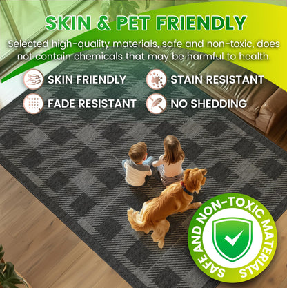 Washable 5x7 Checkered Rug for Living Room, Black Grey Checkerboard Modern Minimalist Large Foldable Area Rugs, Ultrathin Low Pile Soft Nonslip Indoor Carpet for Office Bedroom Playroom Classroom Dorm